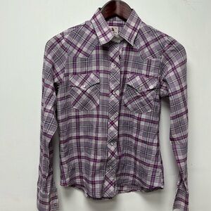 Women's denim plaid shirt size XS with shiny buttons